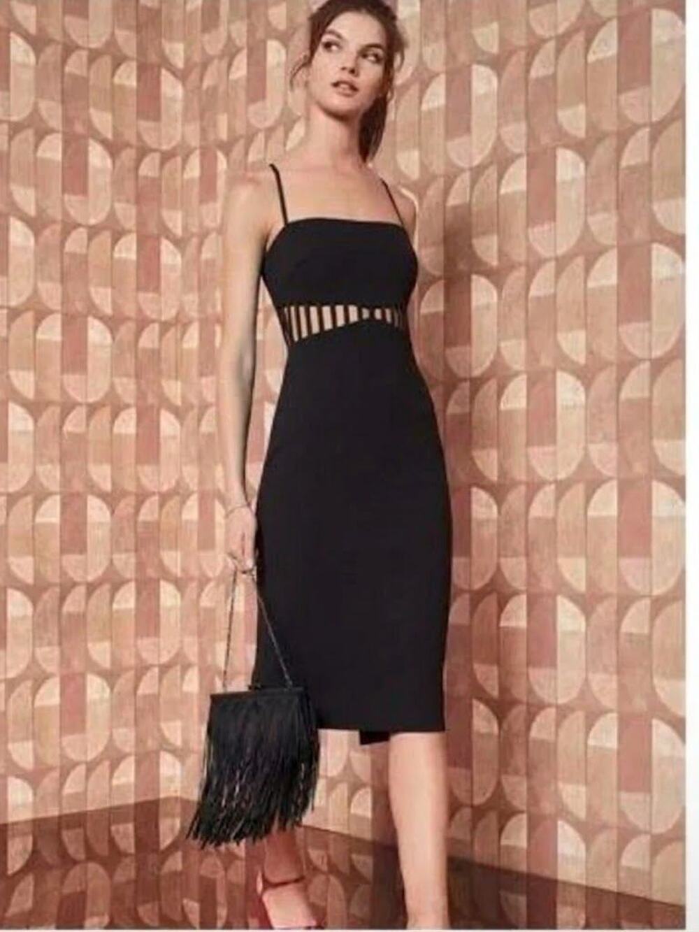 Jewel Badgley Mischka J0024 Cage-Detail Strap Midi Dress Black Size 2 NWT